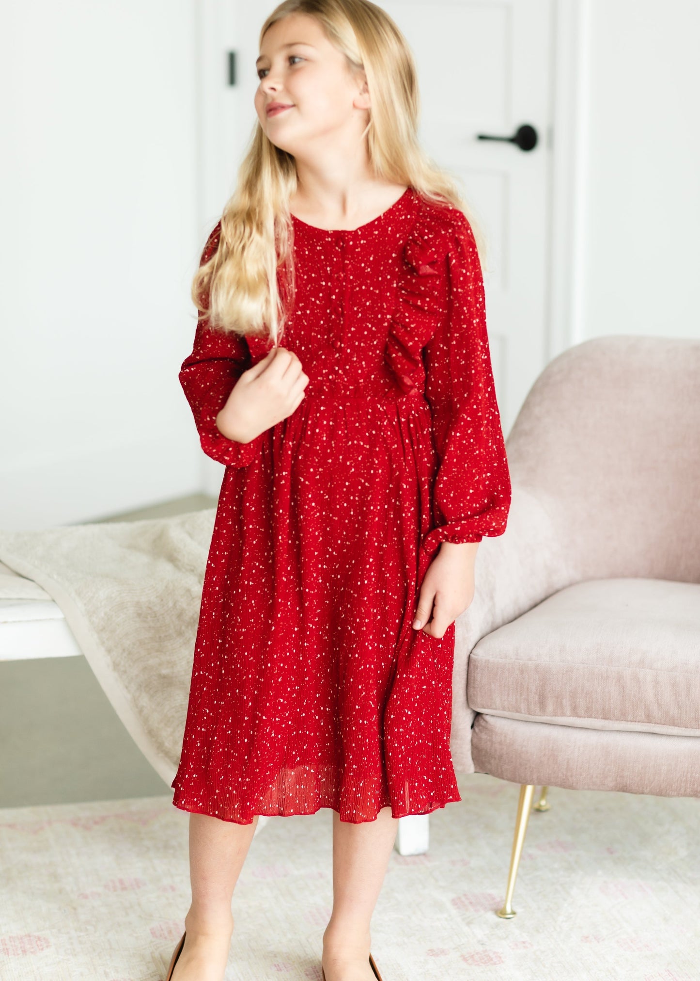 Girls Red Ruffle Front Midi Dress Girls