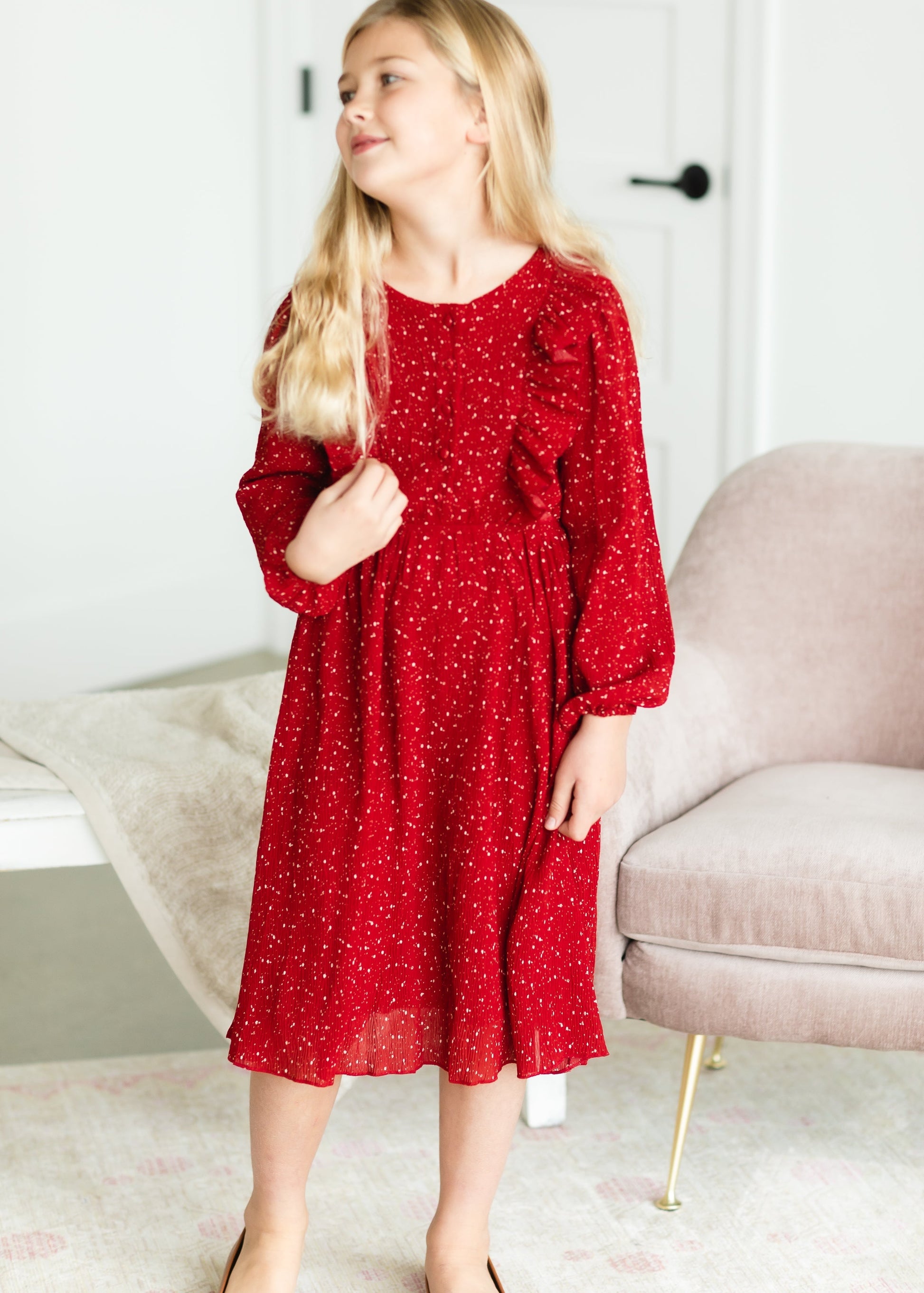 Girls Red Ruffle Front Midi Dress Girls