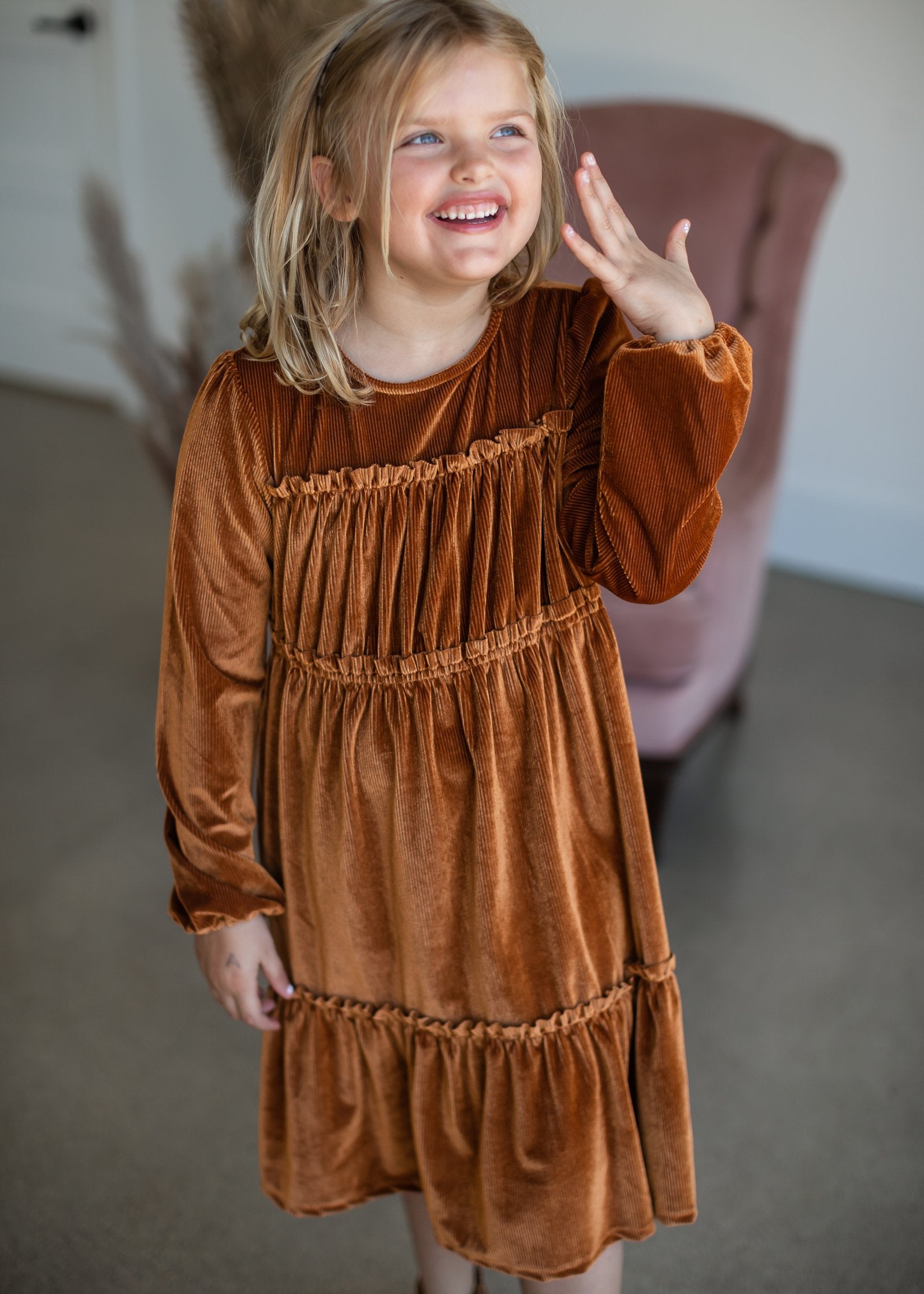 Girls Ribbed Velvet Ruffled Tiered Dress Girls Hayden