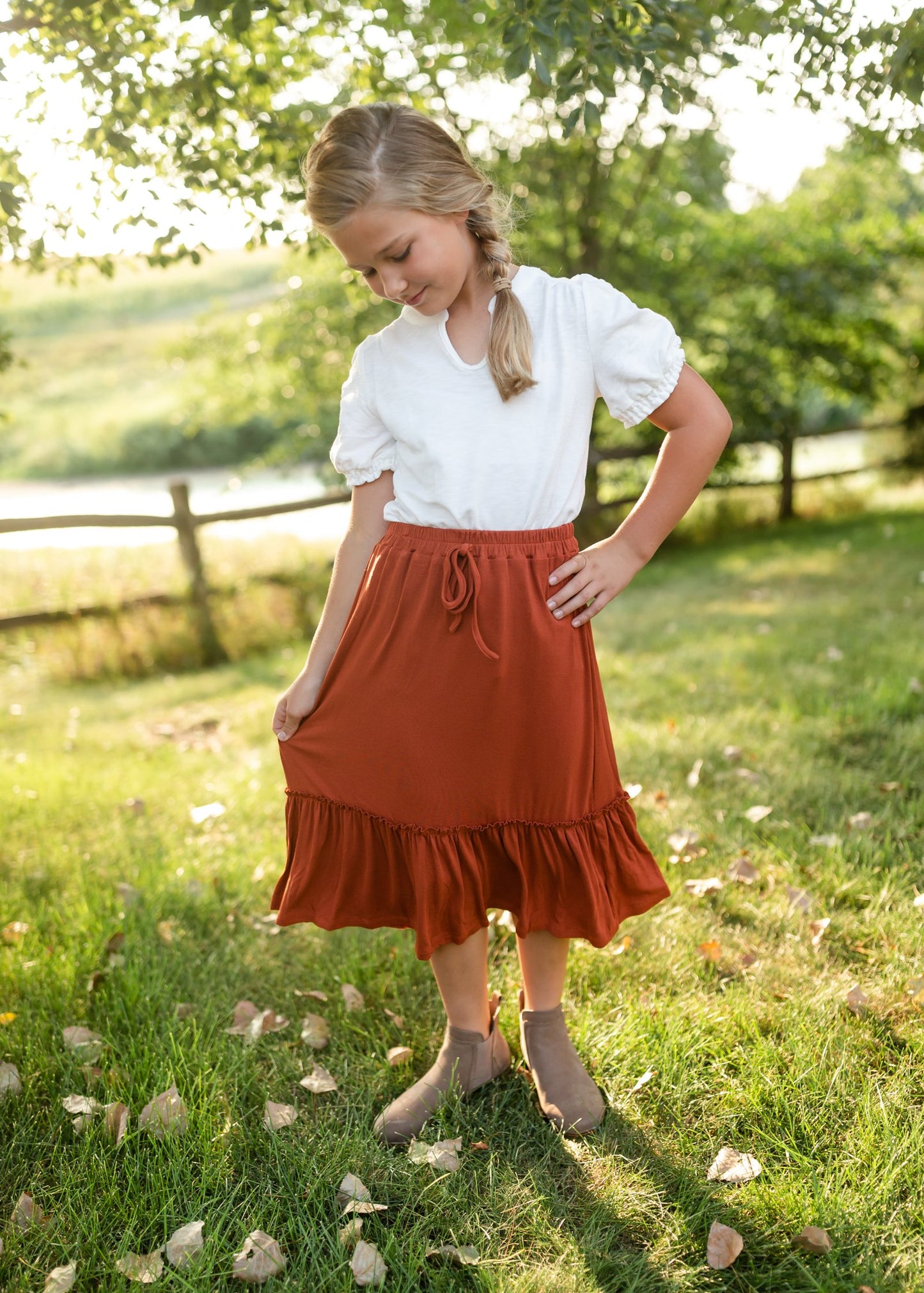 Girls Ruffled Knit Elastic Waist Midi Skirt Skirts Hayden Rust / S