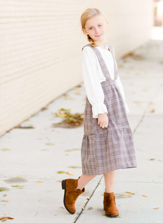 Modest girls and conservative teens brown checkered  overall dress