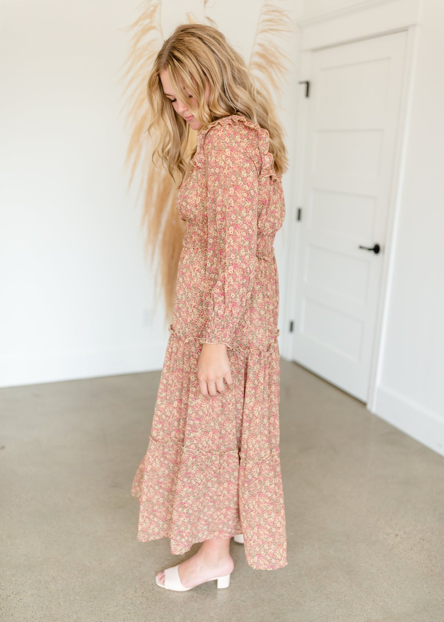 Golden Floral Tiered Maxi Dress Dresses Pinch