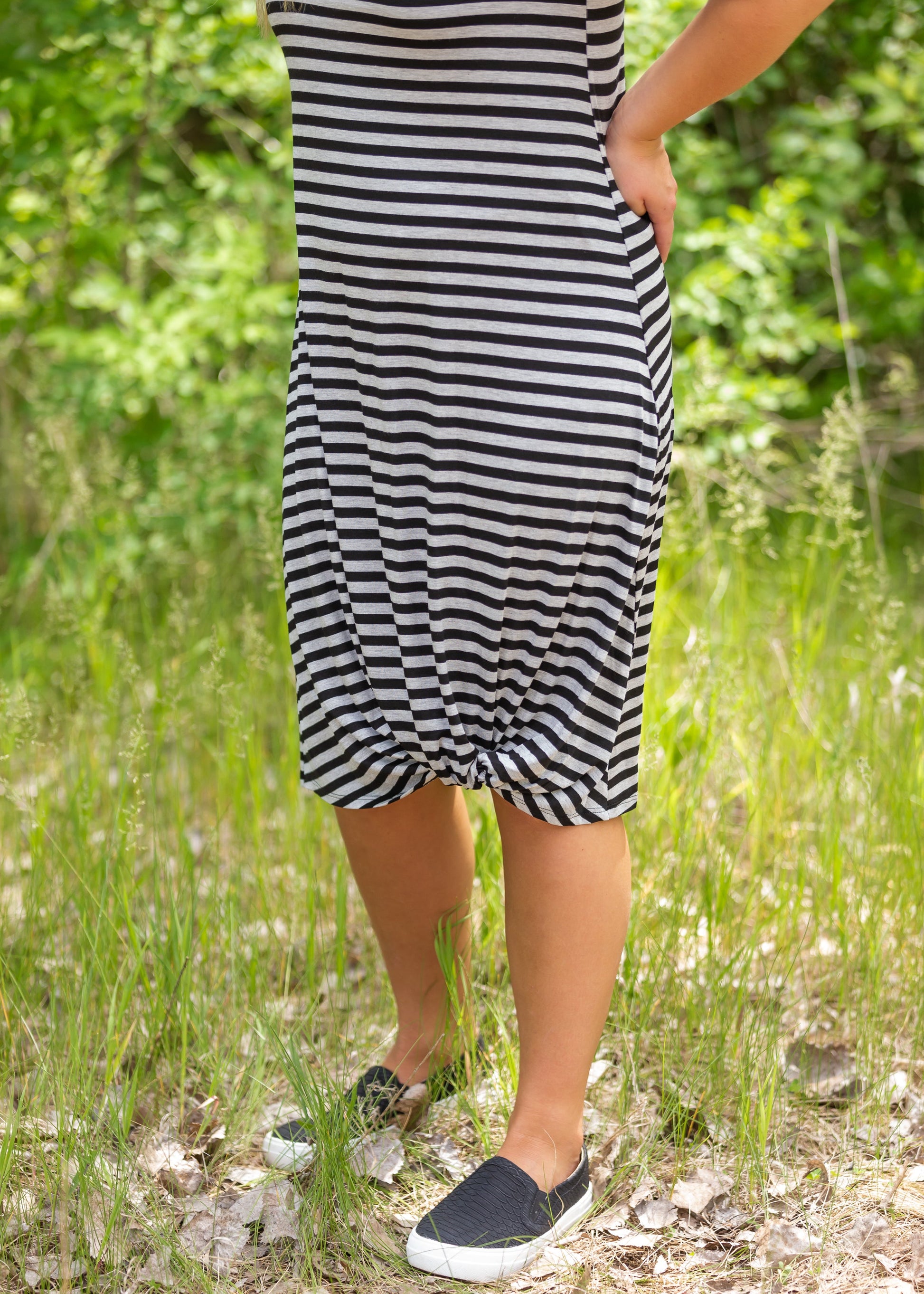 Gray + Black Striped Bottom Knot Midi Dress Dresses