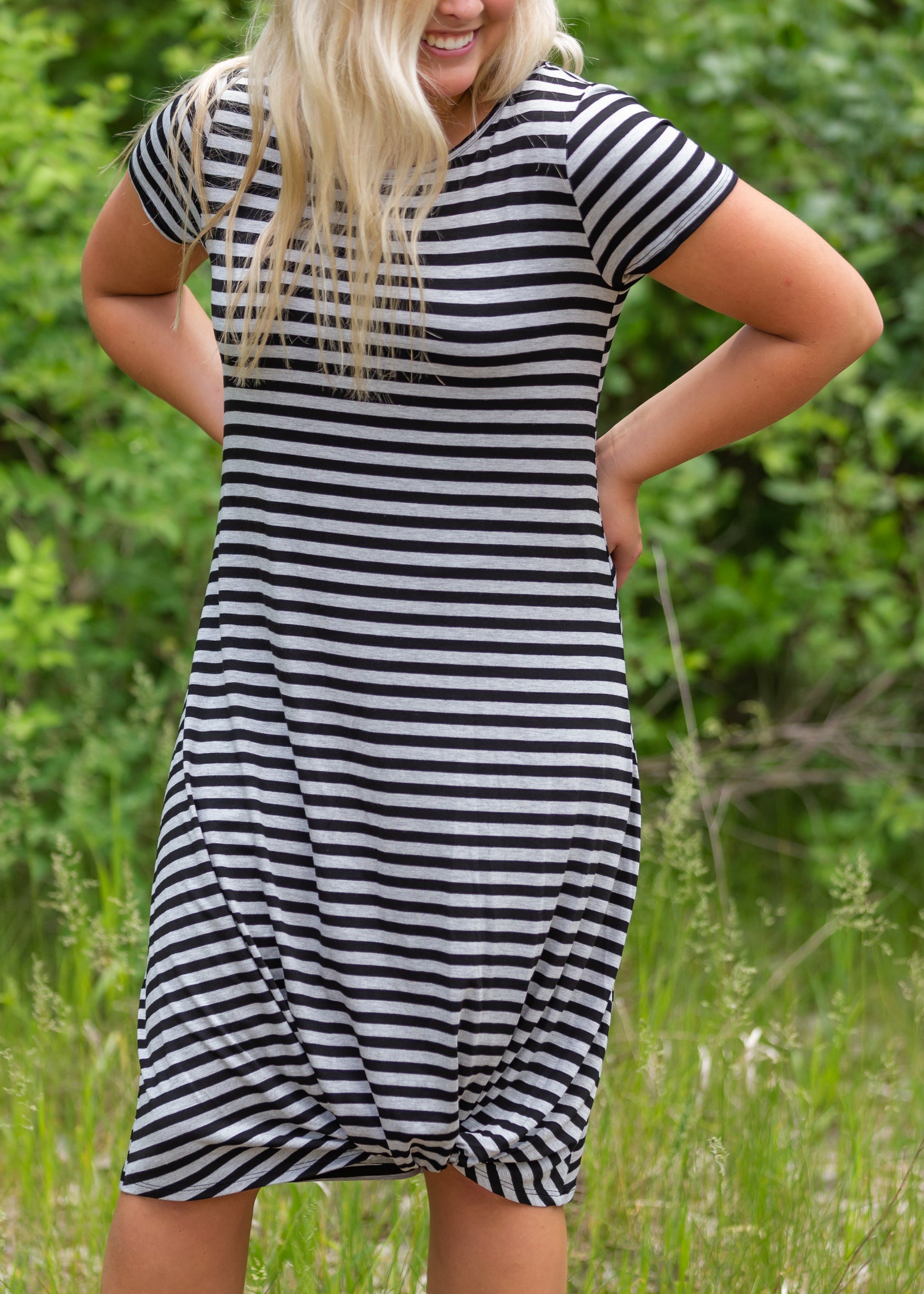 Gray + Black Striped Bottom Knot Midi Dress Dresses