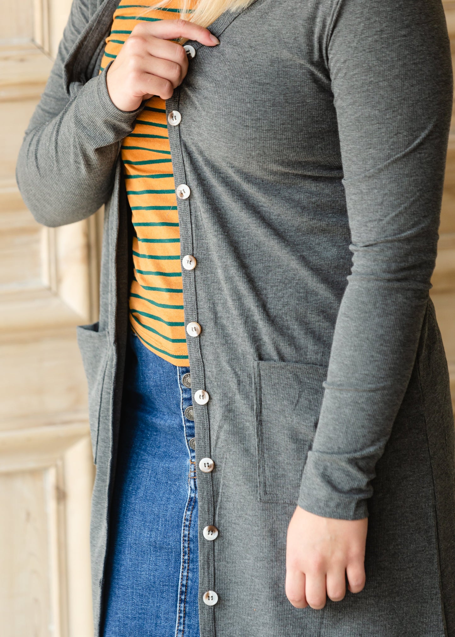 Gray Button Front Long Cardigan - FINAL SALE Tops