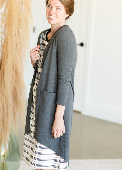 Gray Button Front Long Cardigan - FINAL SALE Tops