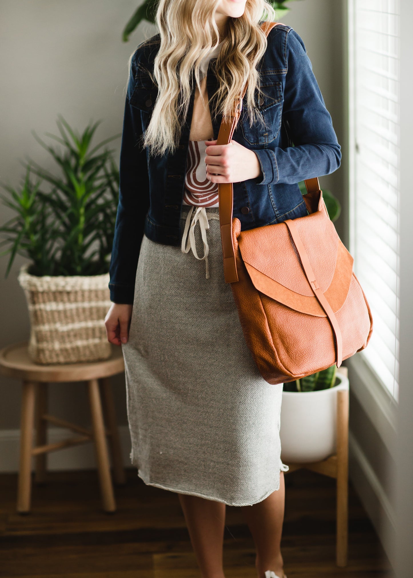 Gray Cotton Elastic Waist Midi Skirt Skirts