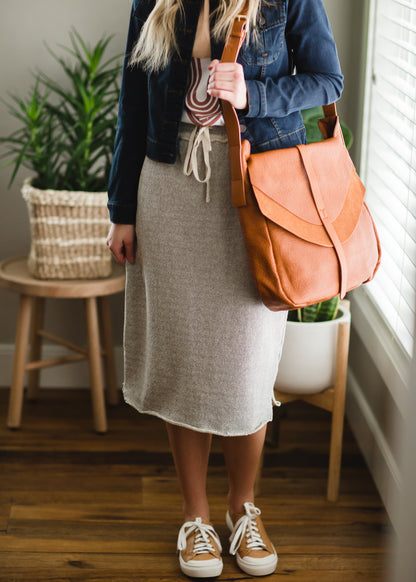 Gray Cotton Elastic Waist Midi Skirt Skirts