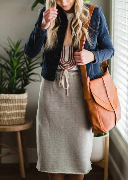 Gray Cotton Elastic Waist Midi Skirt Skirts