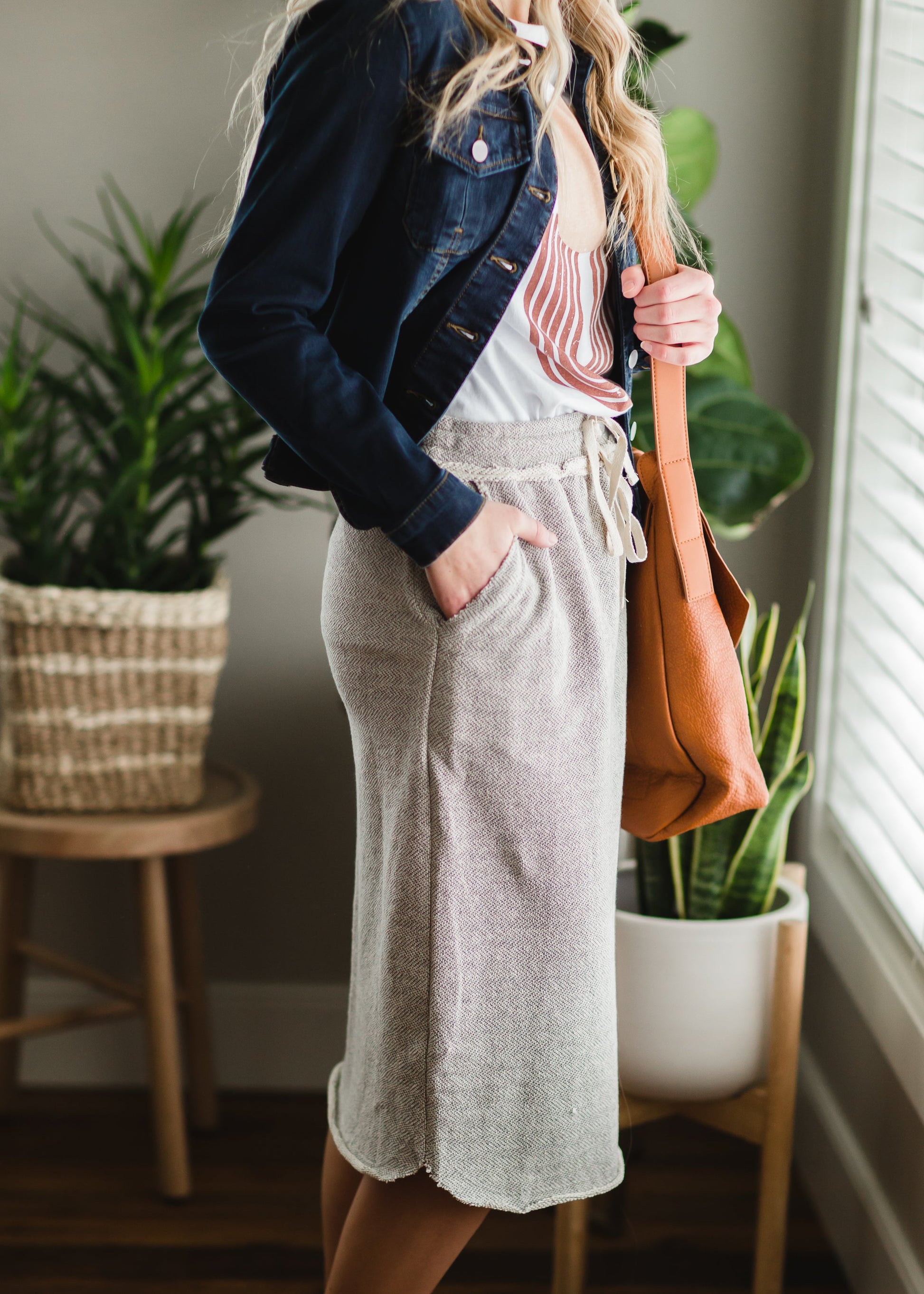 Gray Cotton Elastic Waist Midi Skirt Skirts