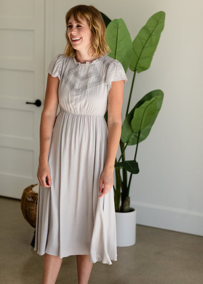 Gray Embroidered Bodice Midi Dress - FINAL SALE Dresses