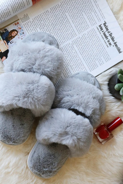 Gray Faux Fur Double Strap Slide Slippers