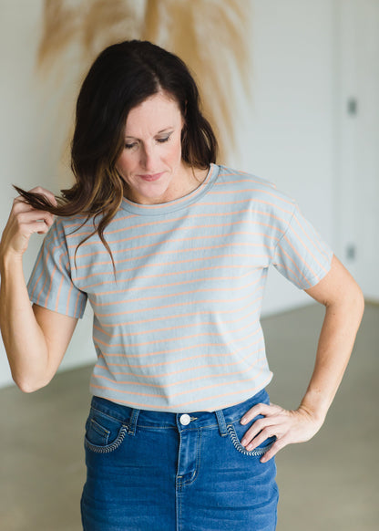 Gray + Orange Classic Stripe Tee - FINAL SALE Tops