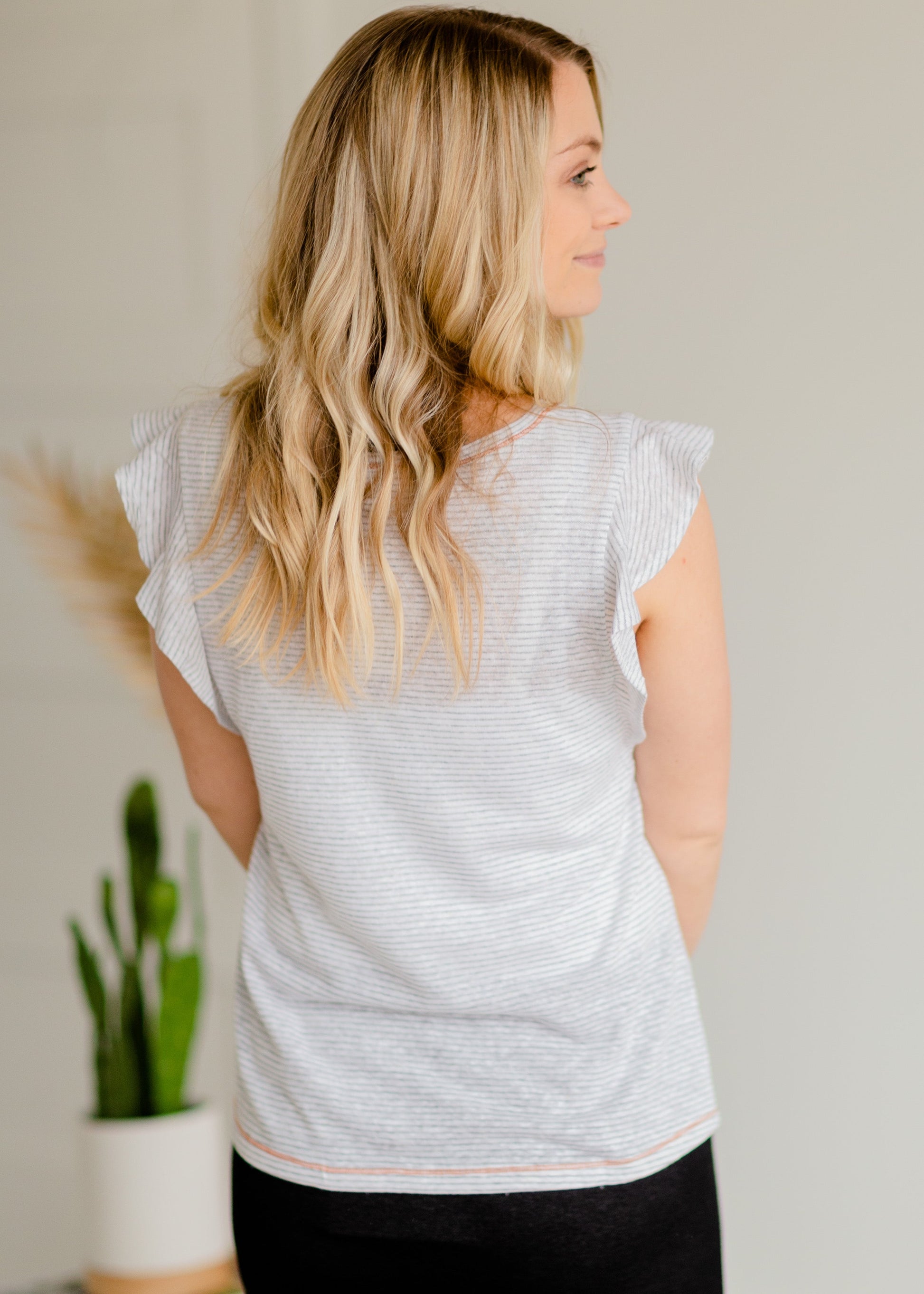 Gray Scoop Neck Flutter Stripe Tee - FINAL SALE Tops