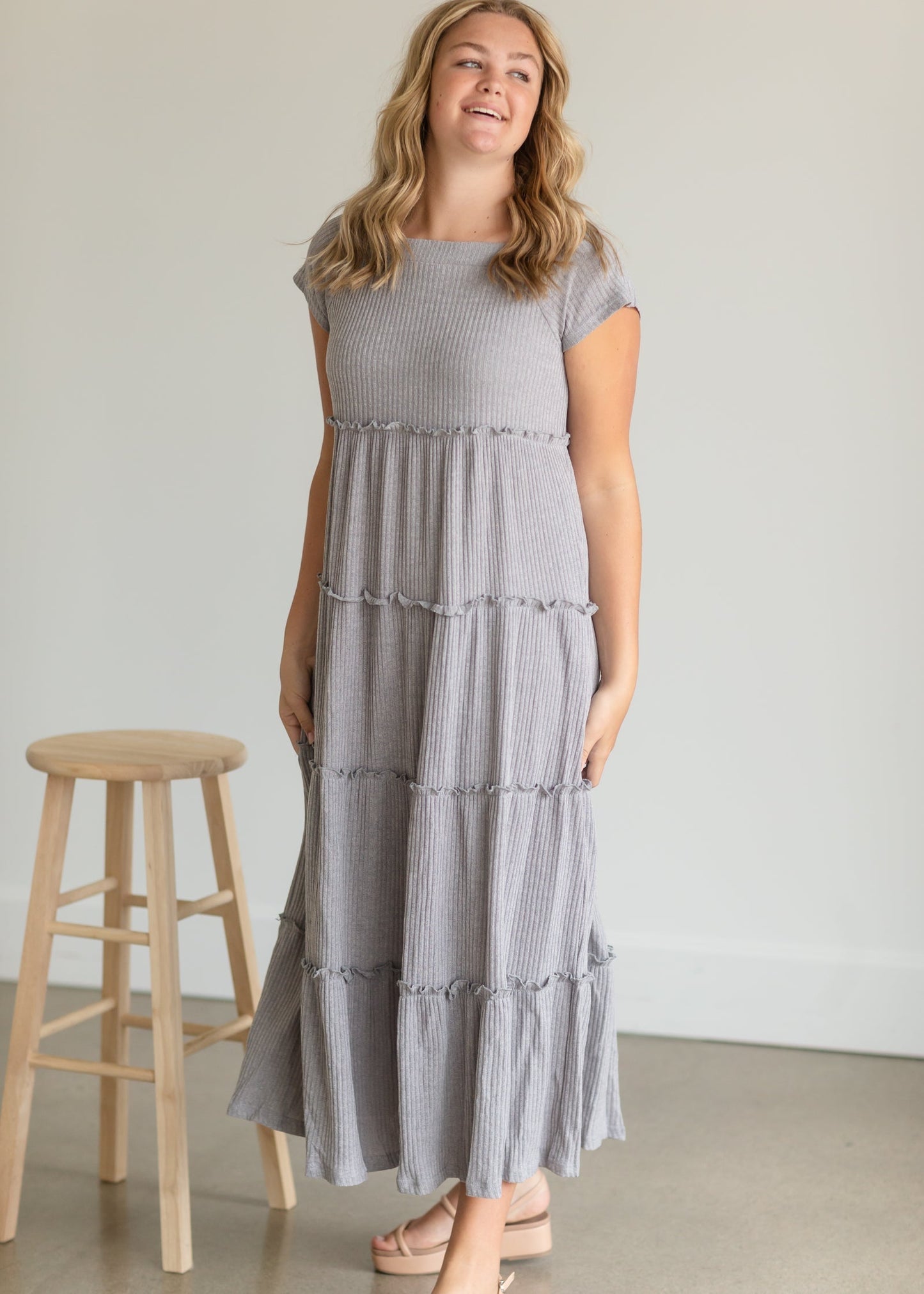 Gray Square Neck Ribbed Maxi Dress - FINAL SALE Dresses