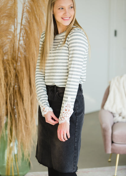 Gray Striped Crochet Patch Top - FINAL SALE Top