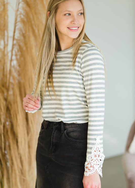 Gray Striped Crochet Patch Top - FINAL SALE Top