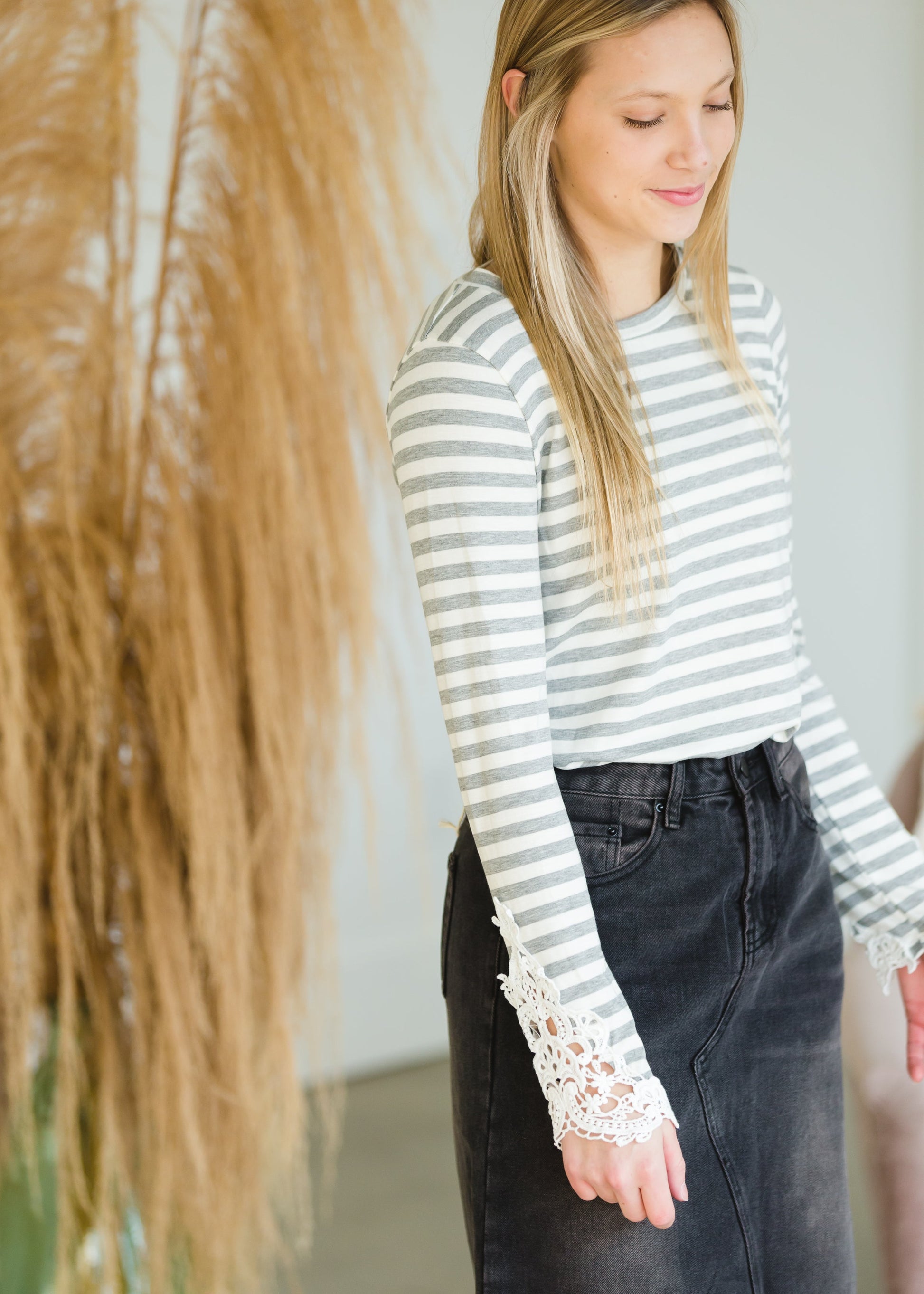 Gray Striped Crochet Patch Top - FINAL SALE Top