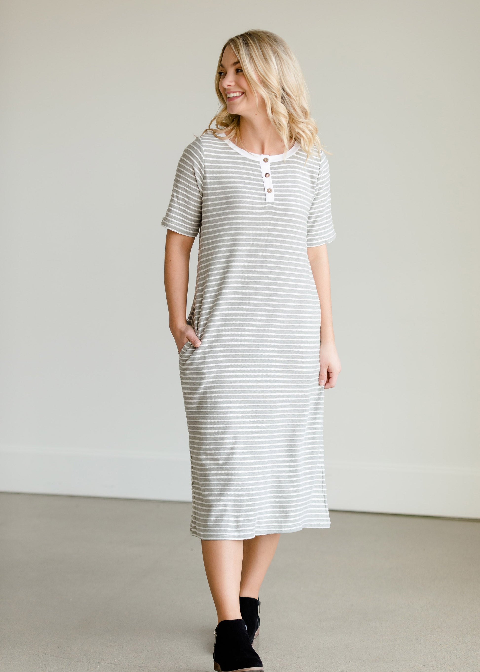 Gray Striped Textured Midi Dress - FINAL SALE Dresses