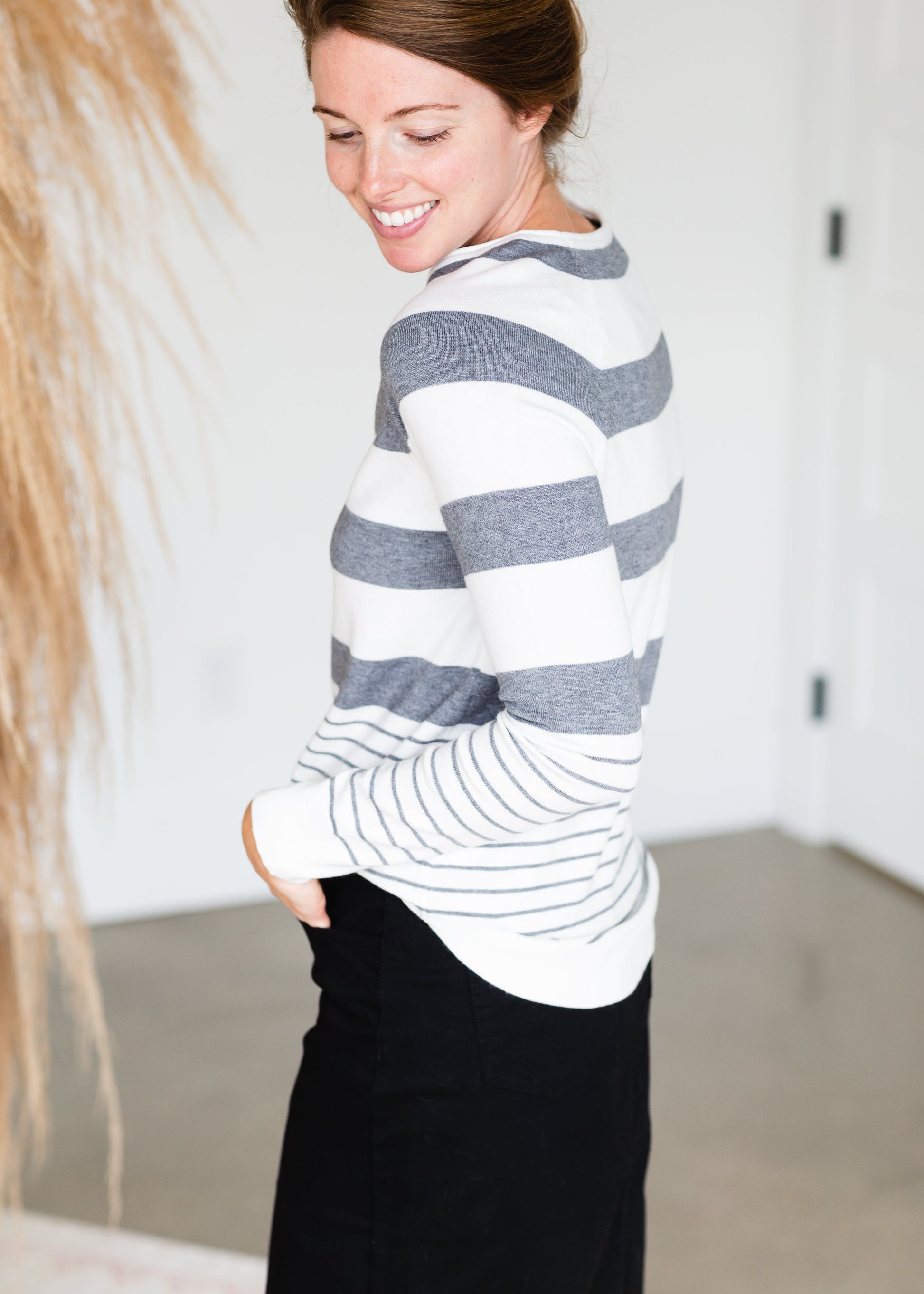 Gray Striped Tulip Hem Lightweight Sweater - FINAL SALE Tops