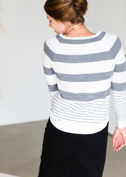 Gray Striped Tulip Hem Lightweight Sweater - FINAL SALE Tops