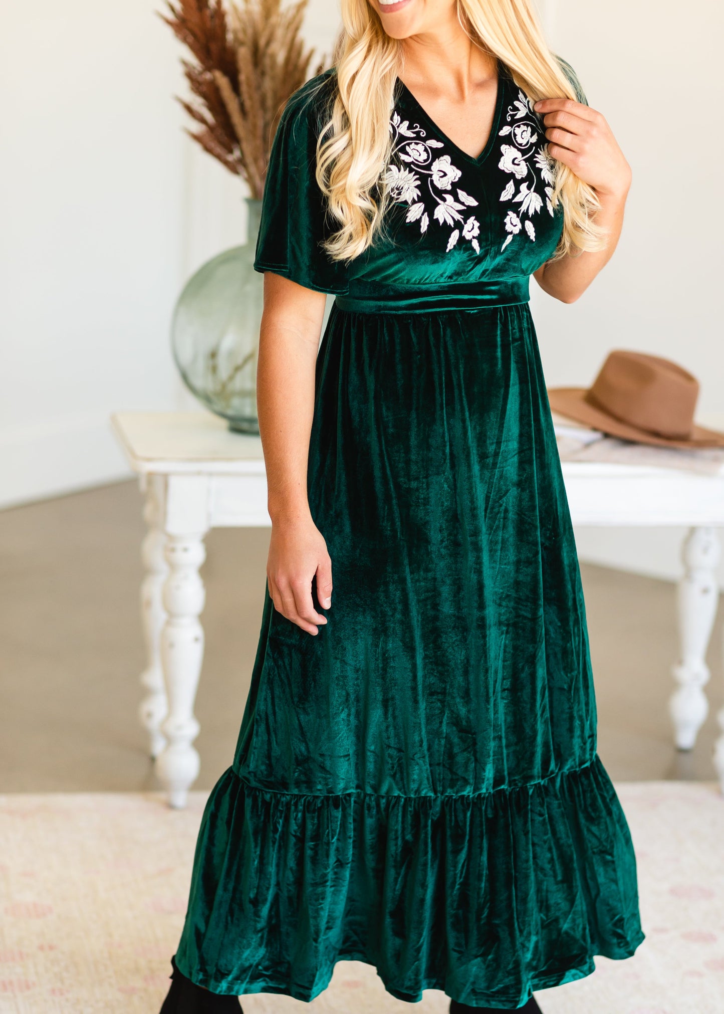 Green Embroidered Velvet Maxi Dress Dresses