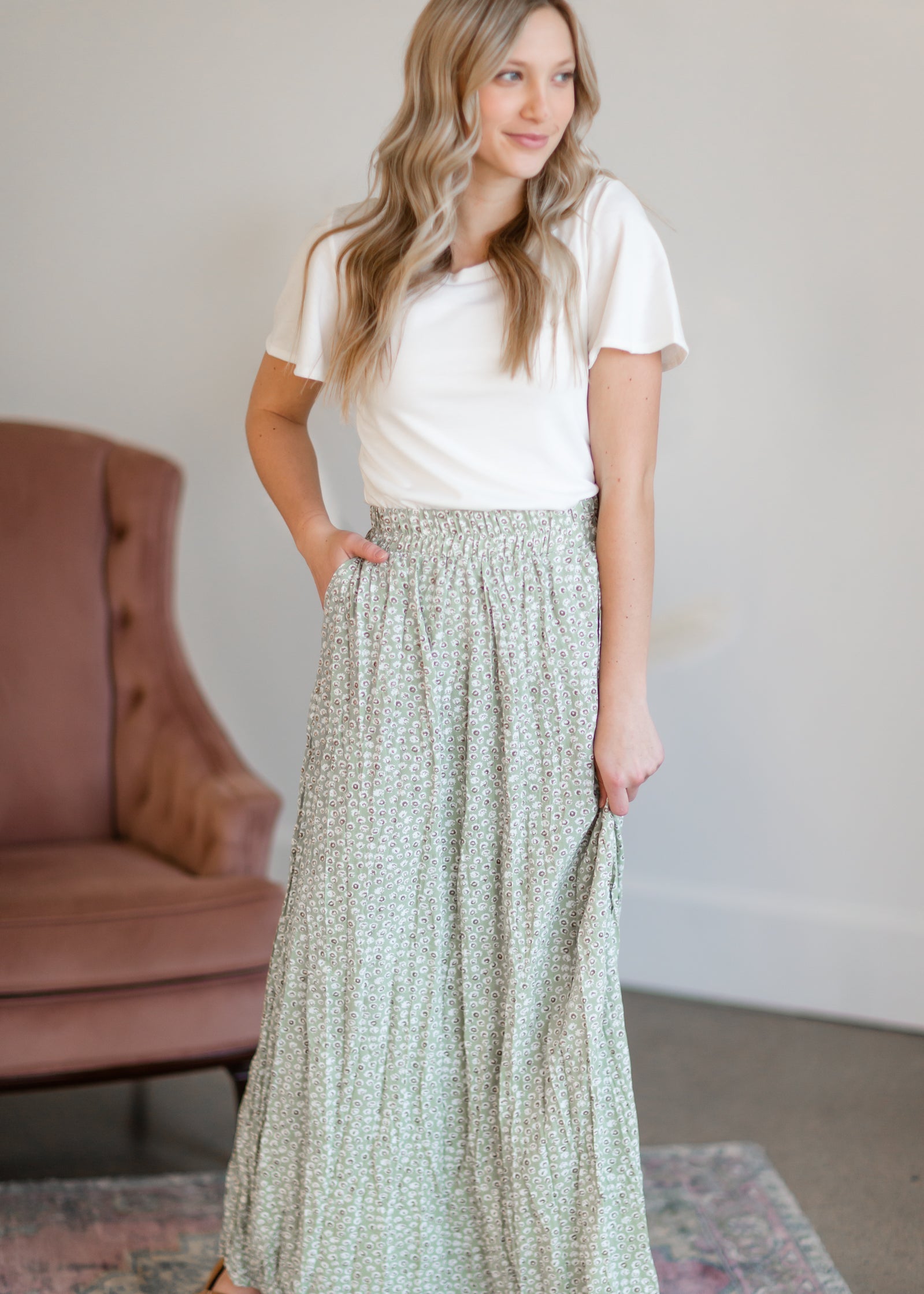 Green Tiny Floral Maxi Skirt Skirts Mikarose