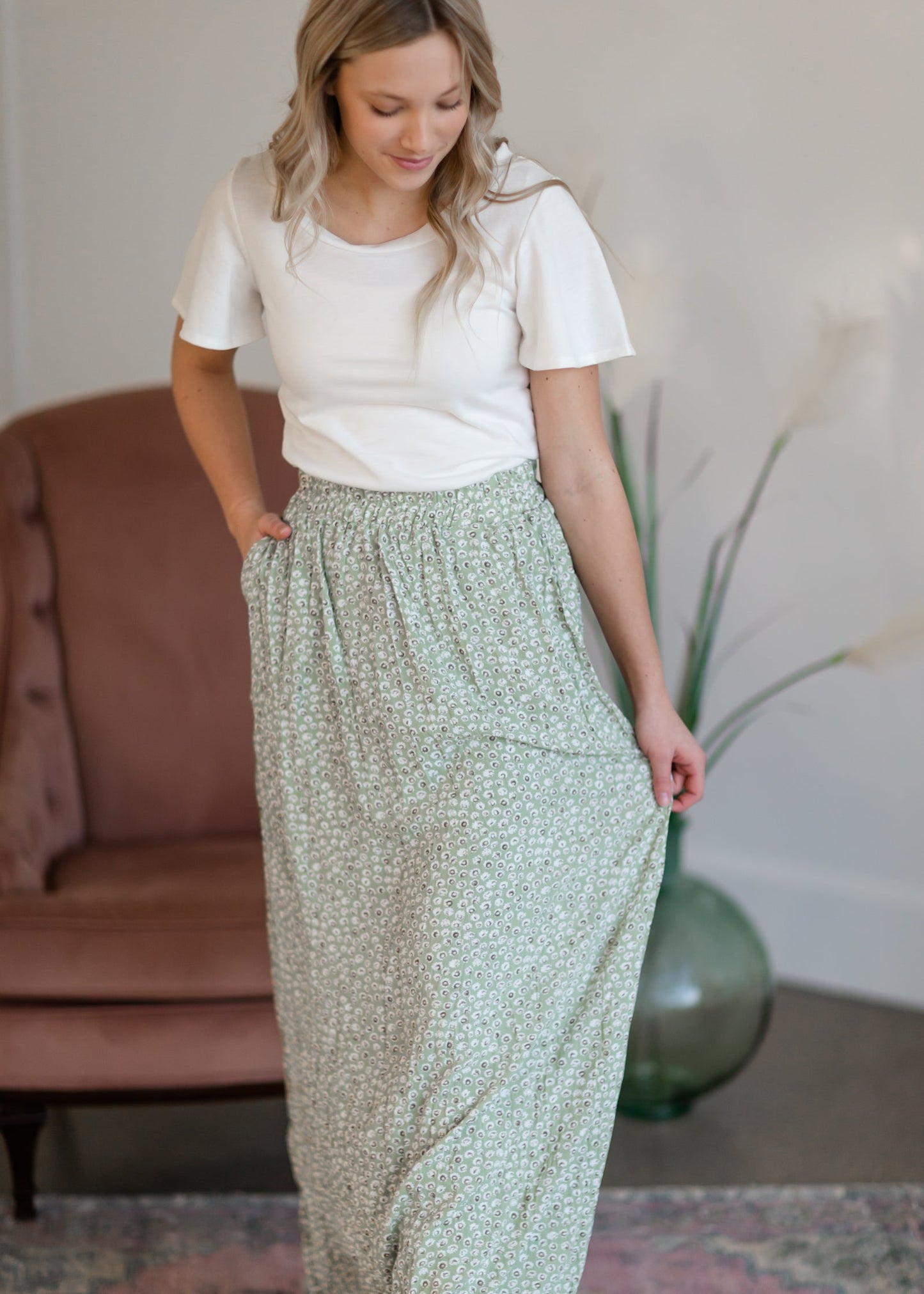 Green Tiny Floral Maxi Skirt Skirts Mikarose