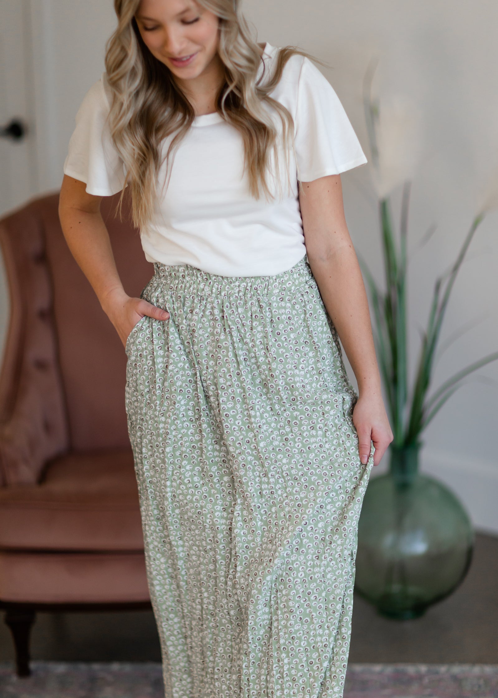 Green Tiny Floral Maxi Skirt Skirts Mikarose