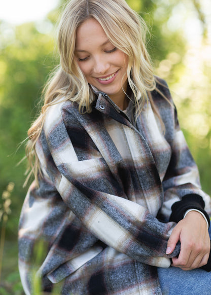 Harper Black Plaid Zip Up Shacket Tops