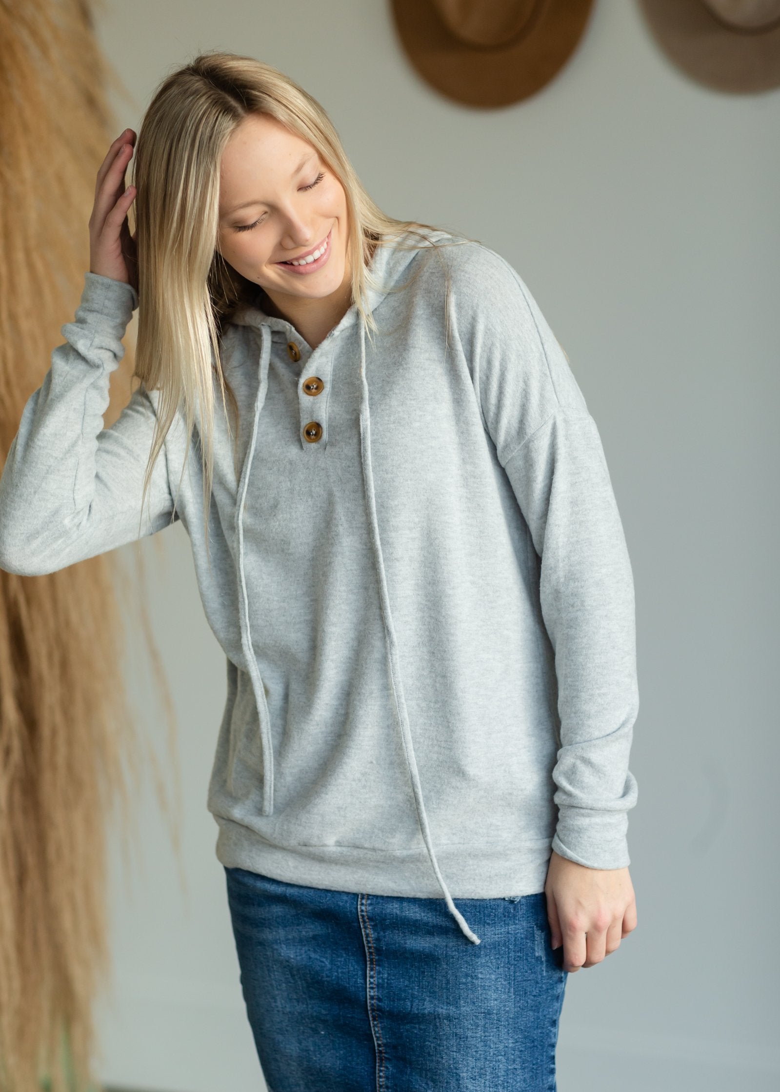 Heather Gray Drawstring Hooded Top Tops Staccato