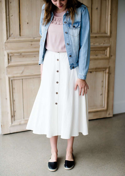 Highwaist white button front a line midi skirt