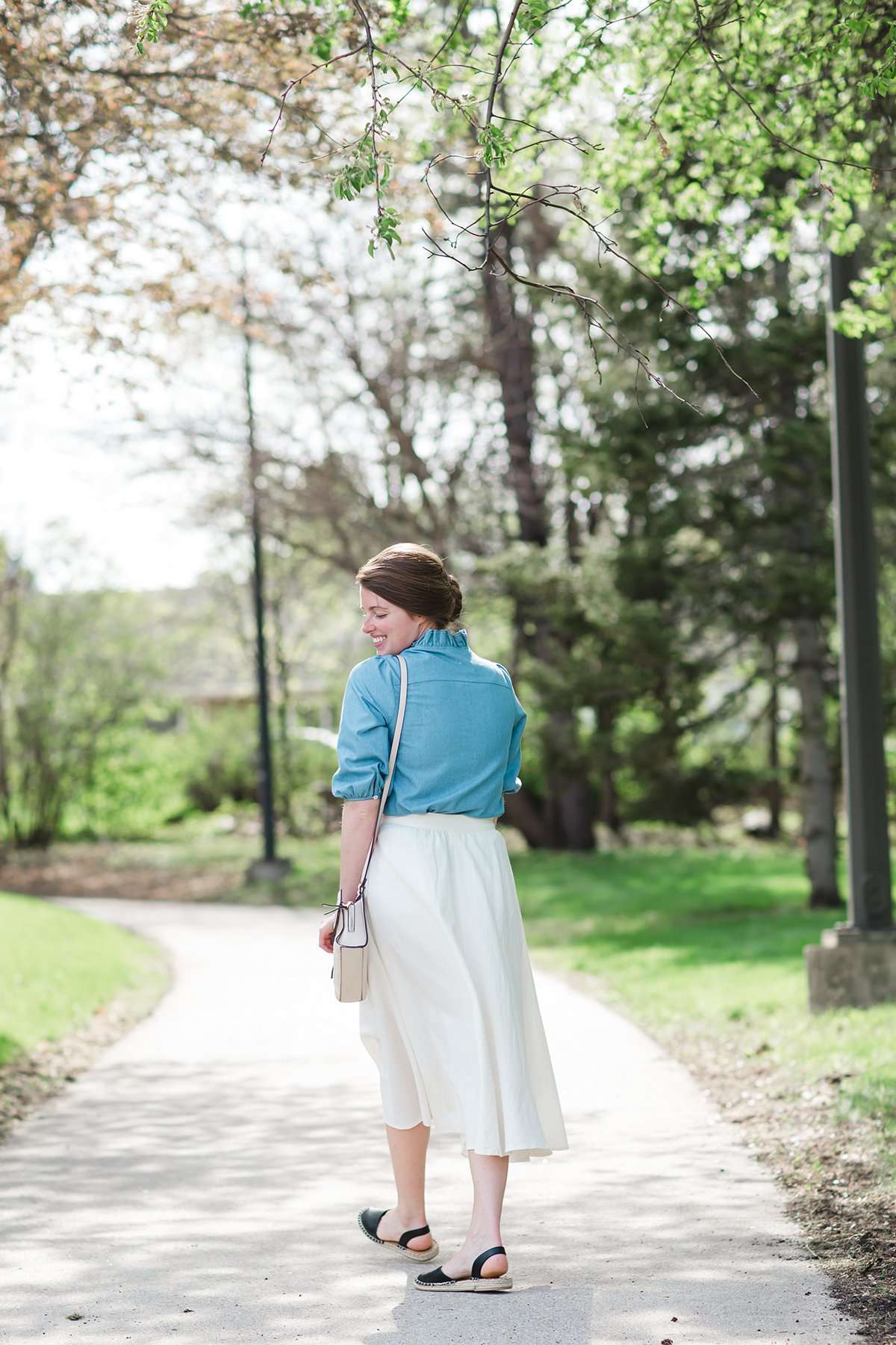 Highwaist white button front a line modest midi skirt