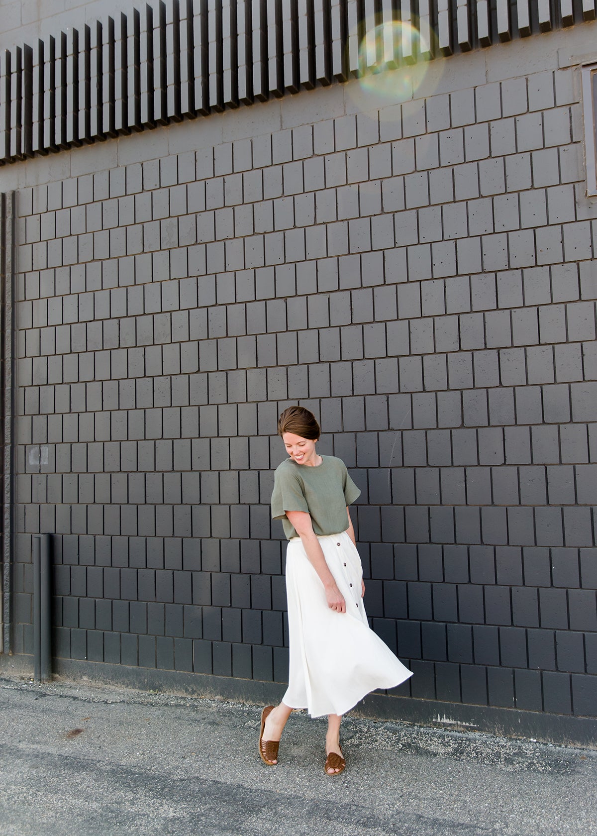 Highwaist white button front a line modest midi skirt