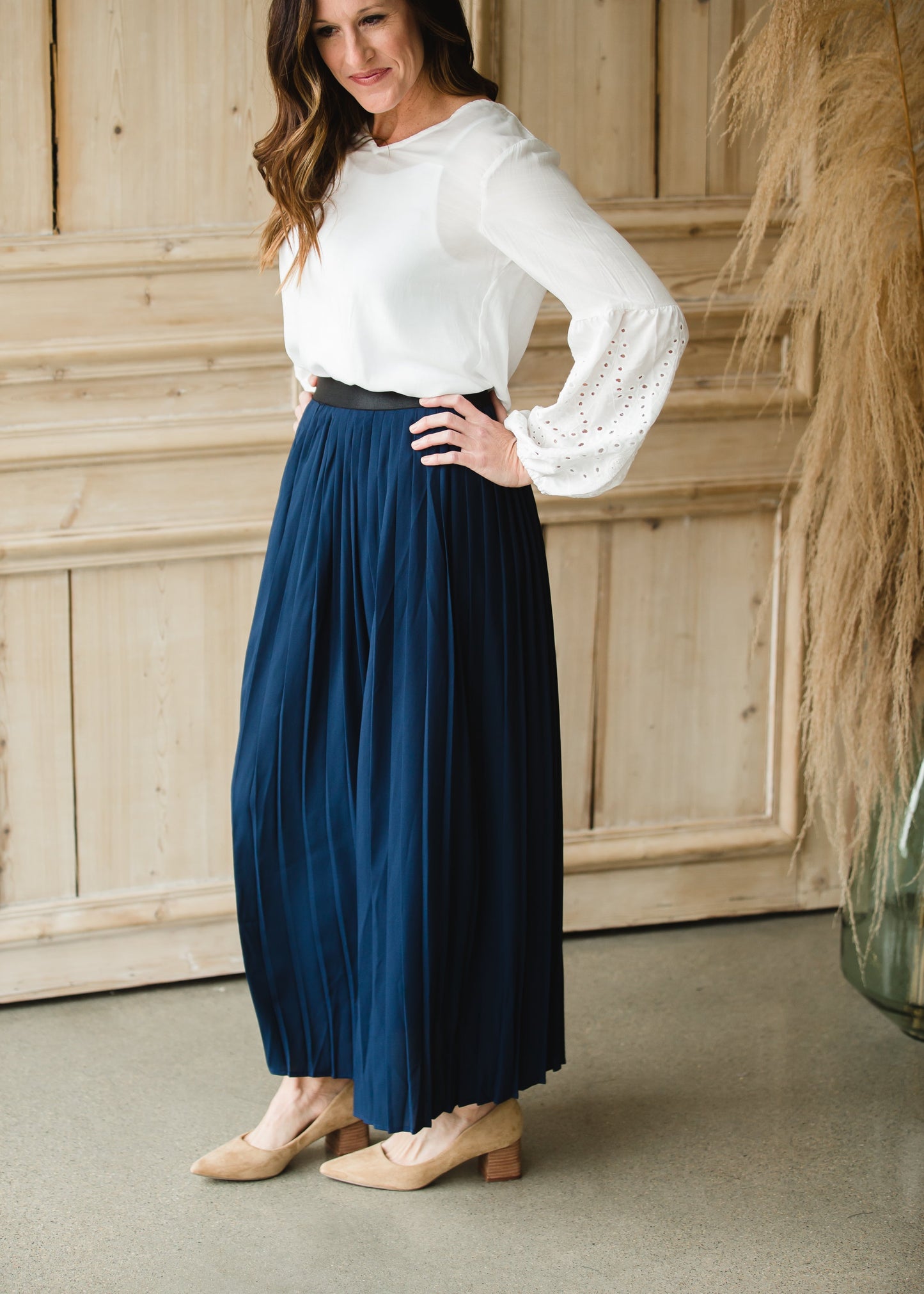 High Waisted Pleated Navy Maxi Skirt - FINAL SALE Skirts