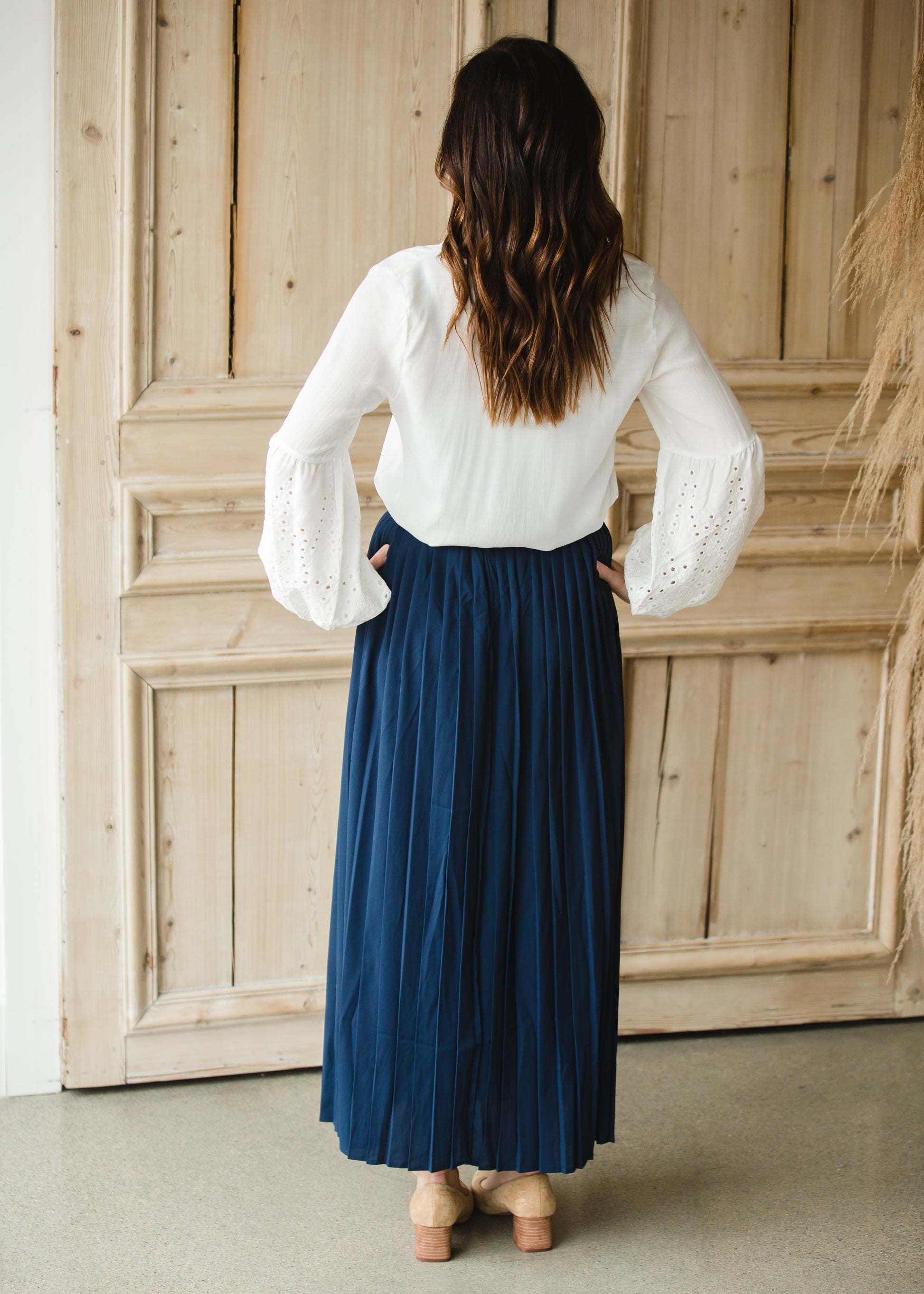 High Waisted Pleated Navy Maxi Skirt - FINAL SALE Skirts