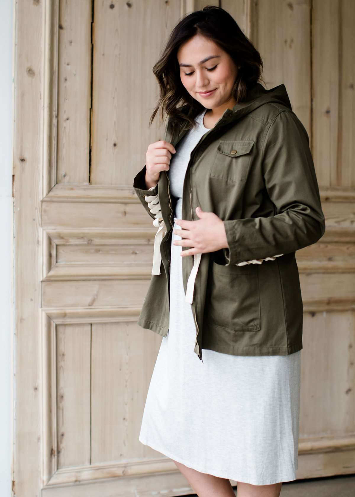 olive green hooded cargo jacket with lace up detail