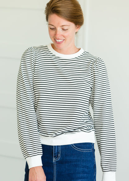 Ivory and Black Puff Sleeve Striped Sweatshirt - FINAL SALE Tops