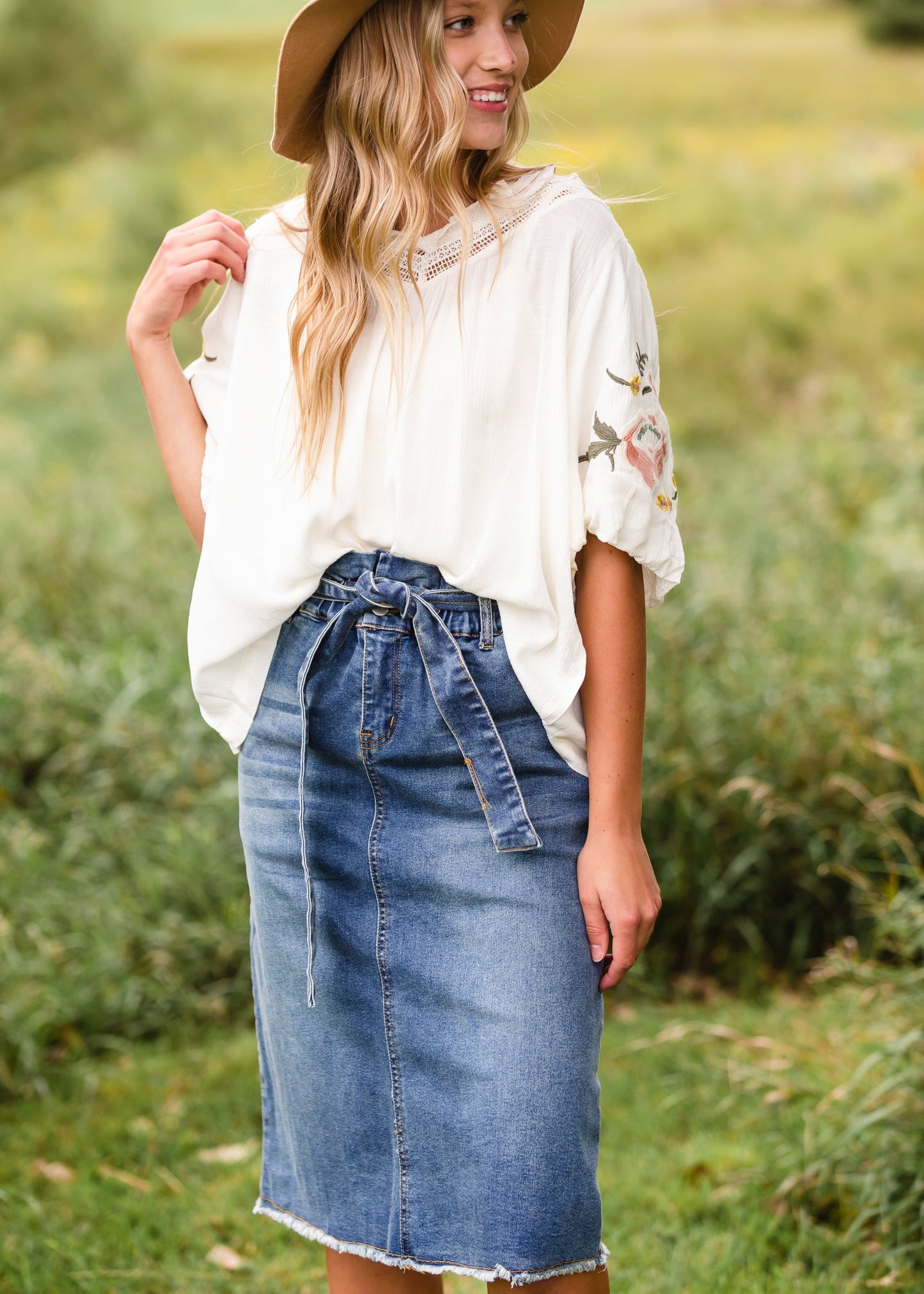 Ivory Embroidered Flounce Sleeve Top - FINAL SALE Tops