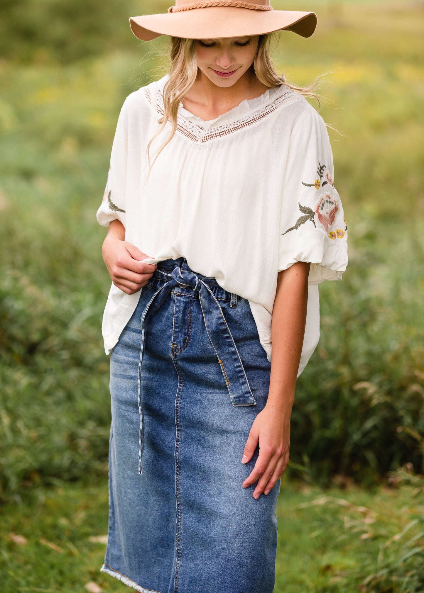 Ivory Embroidered Flounce Sleeve Top - FINAL SALE Tops