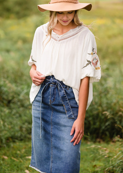 Ivory Embroidered Flounce Sleeve Top - FINAL SALE Tops