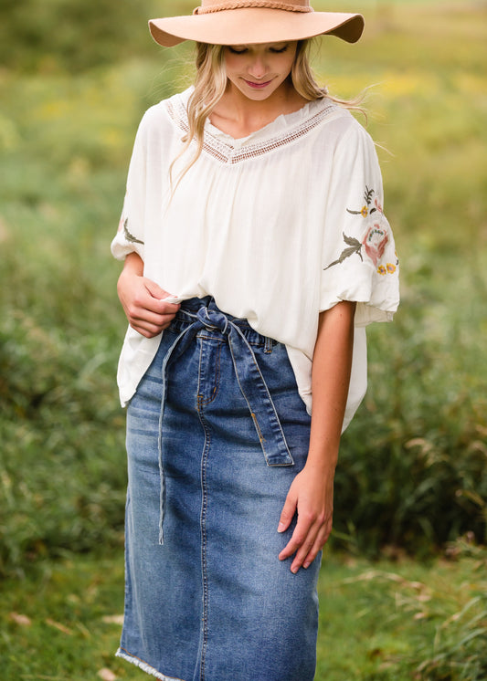 Ivory Embroidered Flounce Sleeve Top - FINAL SALE Tops