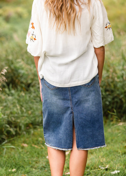 Ivory Embroidered Flounce Sleeve Top - FINAL SALE Tops