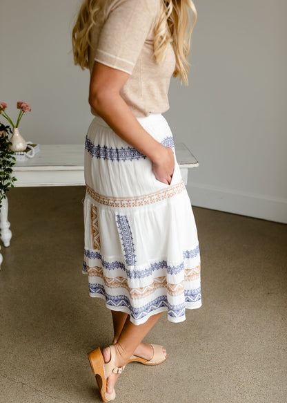 Ivory Embroidered Midi Skirt Skirts