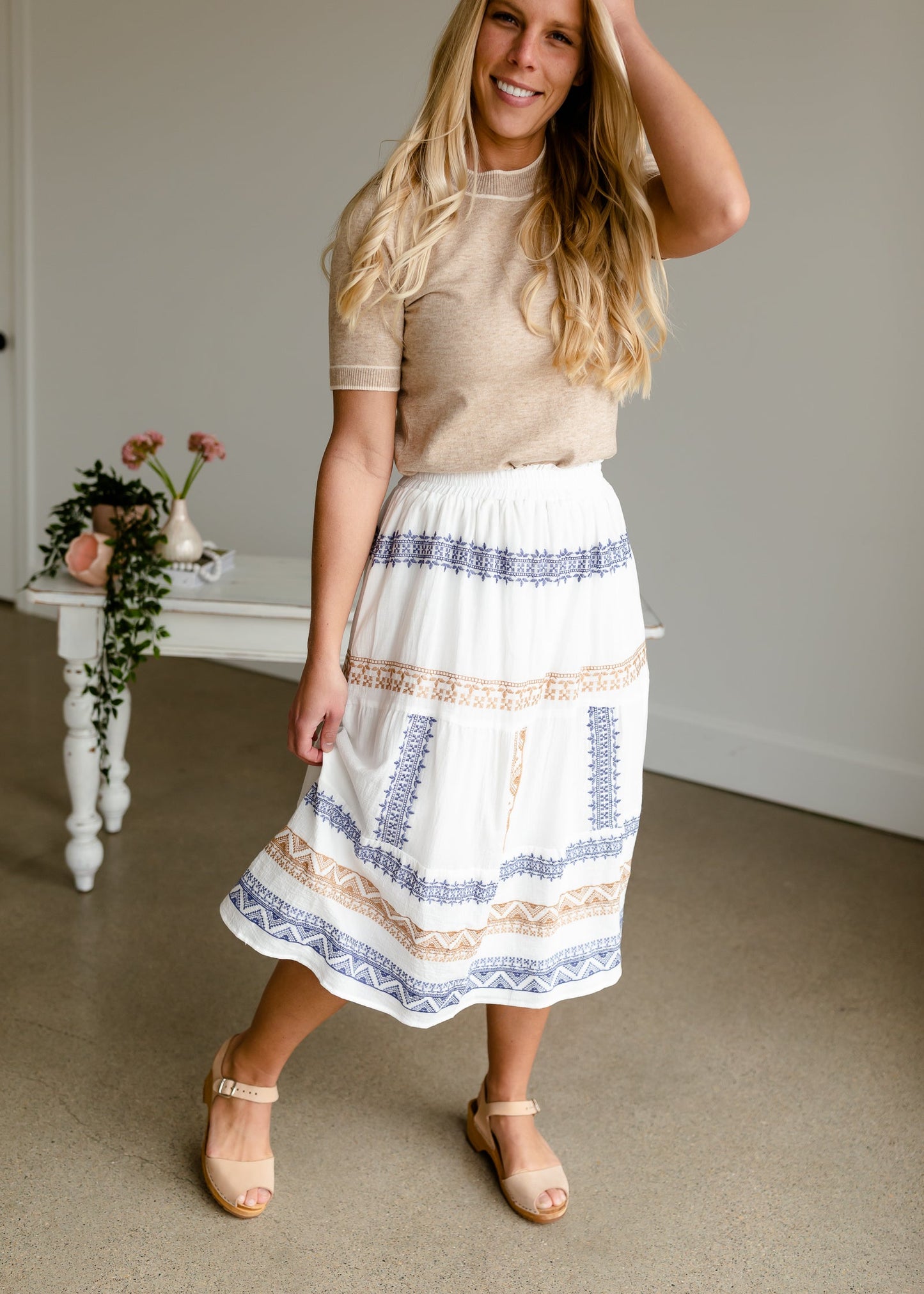 Ivory Embroidered Midi Skirt Skirts