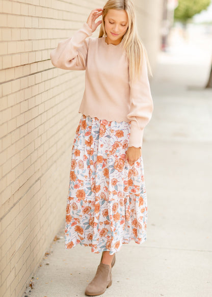 Ivory Floral Elastic Waist Midi Skirt Skirts Hayden