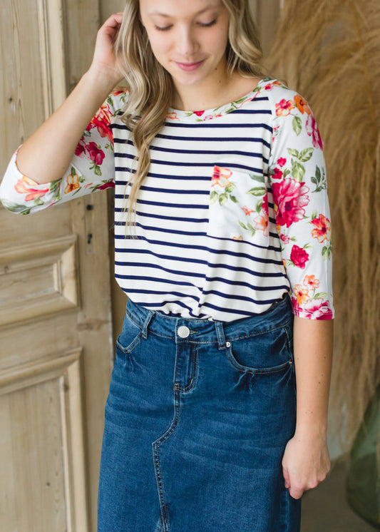 Ivory Floral + Striped Raglan Top - FINAL SALE Tops