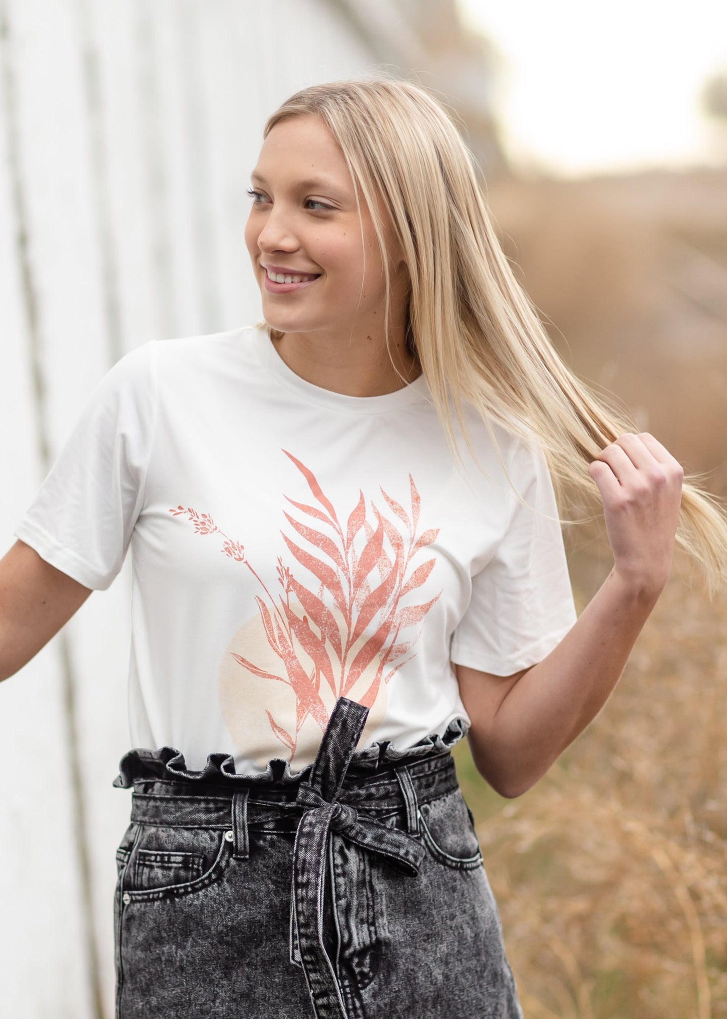 Ivory + Mauve Leaf Print Graphic Tee Tops Polagram