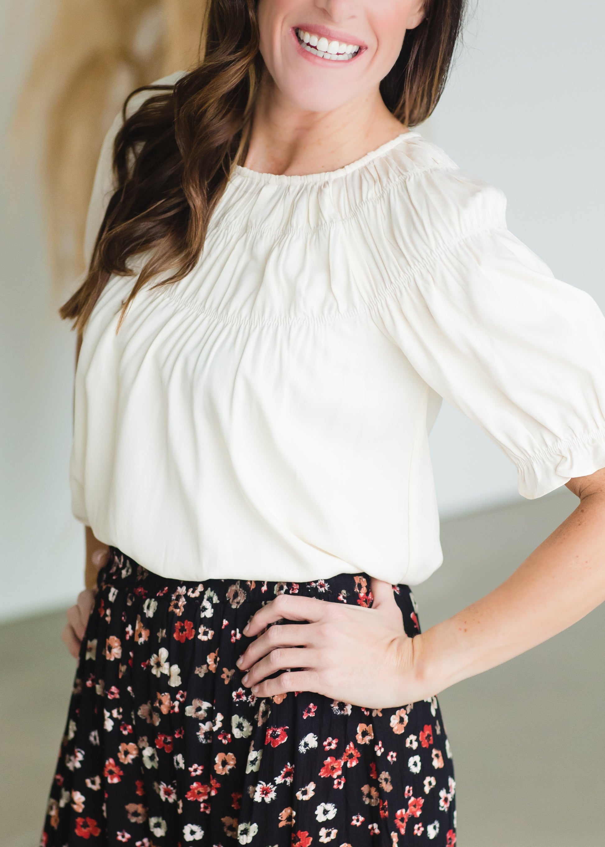 Ivory Smocked Yoke Short Sleeve Top - FINAL SALE Tops