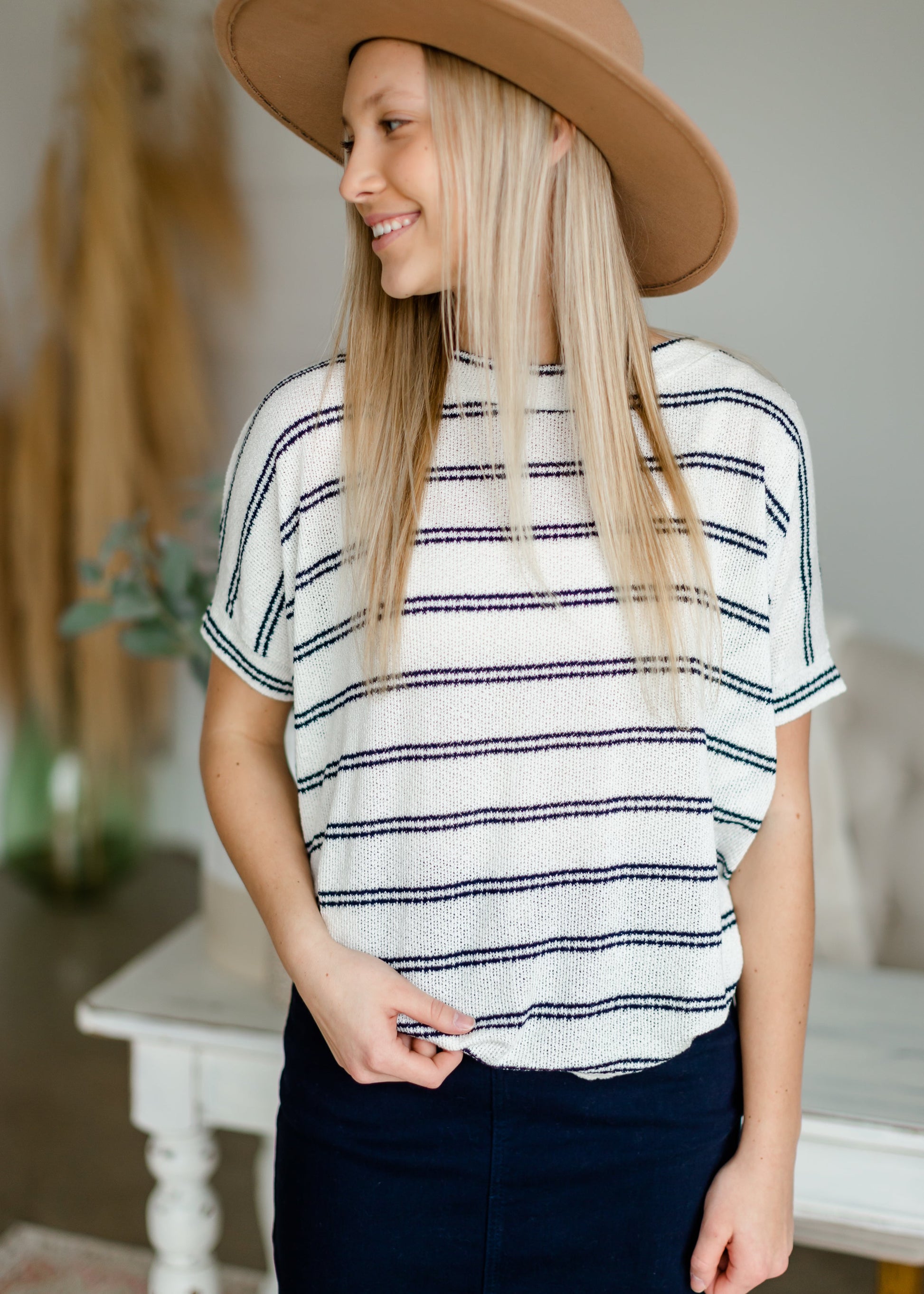 Ivory Stripe Knit Top Tops